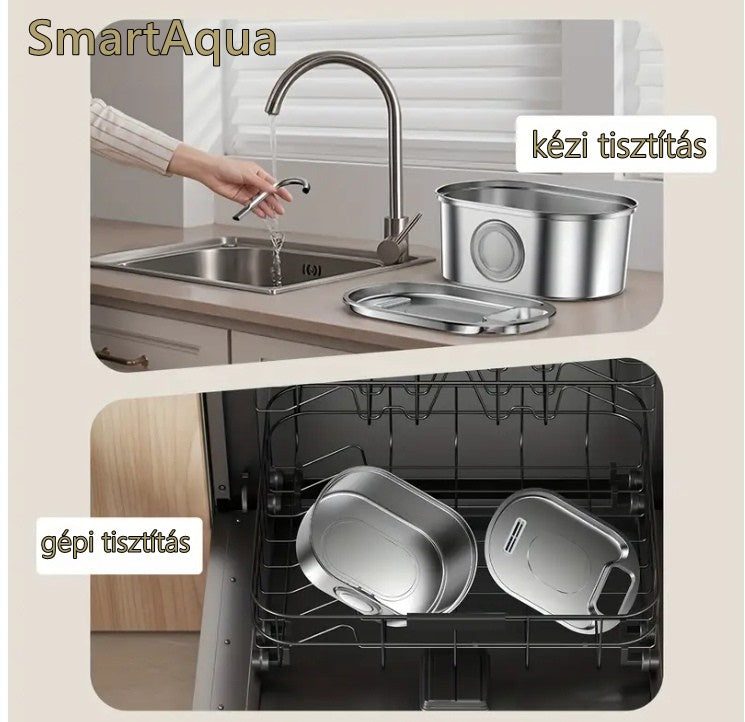 Rozsdamentes acél itató kézi és gépi tisztítással: felső képen kézi mosás csap alatt, alsó képen mosogatógépben tisztítva.